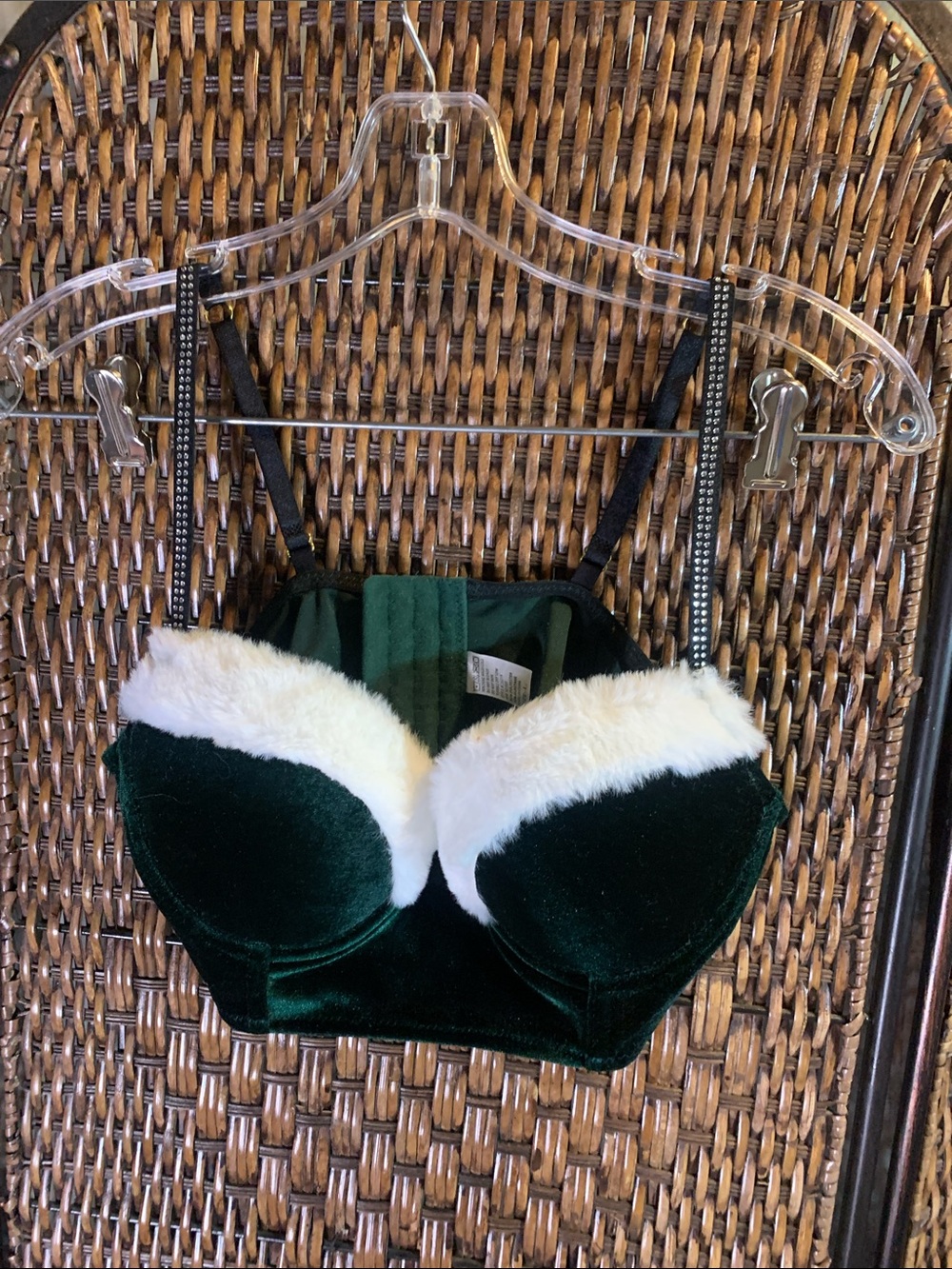 Dark Green Velvet Holiday Bra with Faux Fur Trim Size L